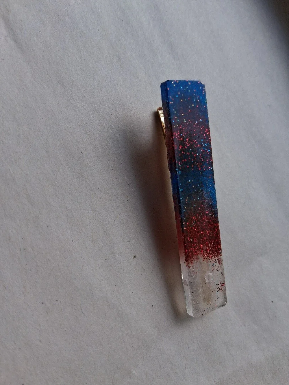 5/$25 Handmade Resin Barrette with Blue, Red & Clear Glitter